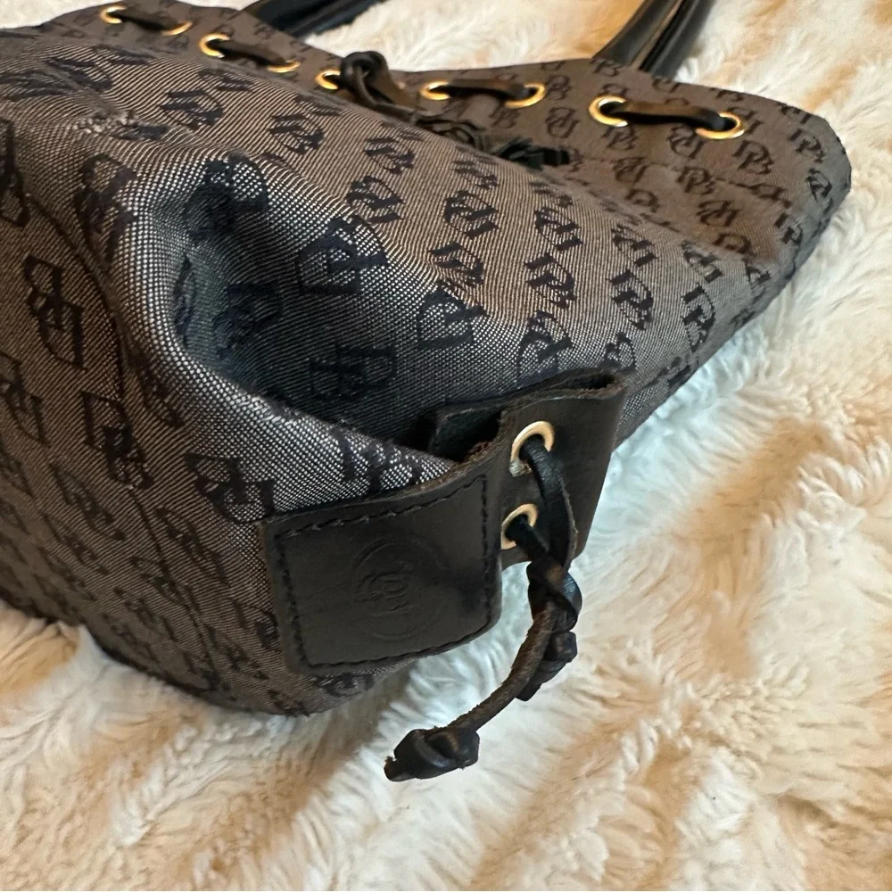 Y2K Vintage Dooney & Bourke Grey Black Monogram Handbag Canvas Shoulder Bag Tote - Picture 9 of 14